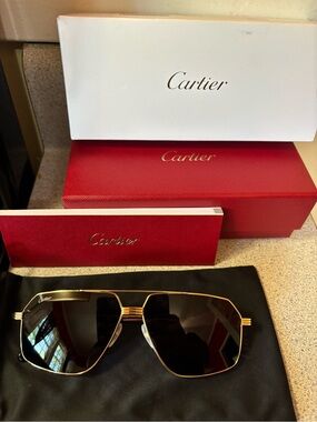 Cartier Gold Aviator Sunglasses with Dark Blue Lenses